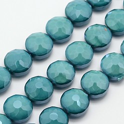 Светлый Морско-зеленый Стеклянные бусины с гальваническим покрытием , гальваническое покрытие, плоские круглые граненые, светло-зеленый, 14x10 мм, отверстие : 1 мм, около 22 шт / нитка, 11.8 дюйм