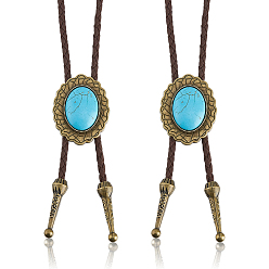 Bronce Antiguo 2piezas de collares tipo bolo ovalados de aleación con piedras preciosas sintéticas, Collares tipo lariat de cordón redondo de cuero sintético trenzado, coco marrón, Bronce antiguo, 39.37 pulgada (100 cm)