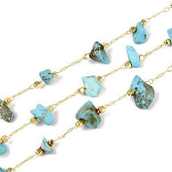 Синтетическая Бирюза Латунные кабельные цепи, с синтетическими бирюзовый, пайки, с катушкой, долговечный, золотые, 1~8x3~17x1~8 мм, около 32.81 футов (10 м) / рулон