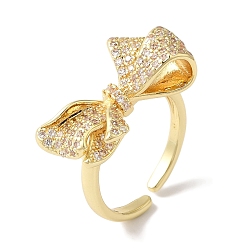 Настоящее золото 18K Открытые манжеты из латуни с бантом и микро-паве с прозрачным цирконием для женщин, реальный 18 k позолоченный, бант : 13x23 мм, регулируемый