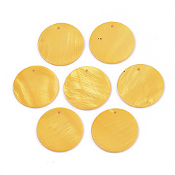 Yellow Natural Freshwater Shell Pendants, Flat Round, Spray Painted, Yellow, 25x2mm, Hole: 1.5mm