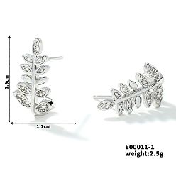 Platinum Fashionable and Versatile 3D Leaf Stud Earrings with Copper, Zirconia Stones, Platinum, 19x11mm