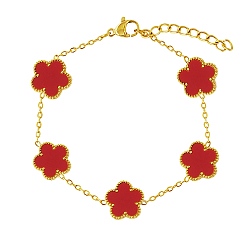 Red Acrylic Flower Link Chain Bracelet, Real 18K Gold Plated Stainless Steel Bracelet, Red, 6-3/4 inch(17cm)