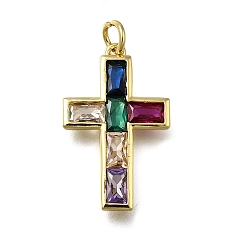 Настоящее золото 18K Латунные микропаве прозрачные подвески с фианитом, крест прелести, долговечный, стойки покрытие, без свинца и без кадмия, с целью перехода в кольце, реальный 18 k позолоченный, 24x14.5x2.5 мм, отверстие : 3 мм