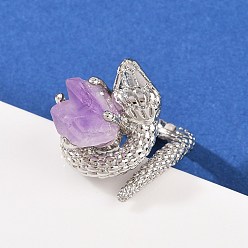 Аметист Открытые кольца-манжеты из натурального змеиного аметиста, латунные регулируемые кольца для женщин, долговечный, платина, внутренний диаметр: 18x21 мм