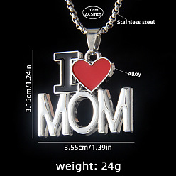 Красный День матери 201 Подвеска в виде сердца из нержавеющей стали и сплава с эмалью «Я люблю маму», платины и нержавеющая сталь цвет, красные, 27.56 дюйм (70 см), Кулон : 35.5x31.5 мм