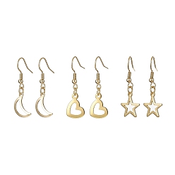 Золотой 3 пара 3 стиль 304 серьги с подвесками из нержавеющей стали, полая луна, сердце и звезда, золотые, 35~36x9~12.5 мм, 1 пара / стиль