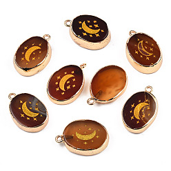 Седло Коричневый Природные подвески агат, с краем из латуни с покрытием из светлого золота и петлями из иорна, Золотой порошок, окрашенная и подогревом, овал с лунным шармом, седло коричневый, 23~24x15~16.5x4~6.5 мм, отверстие : 1.6 мм