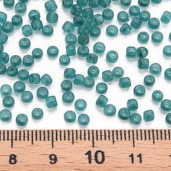 Verde azulado 8/0 transparentes perlas de cristal de la semilla, agujero redondo, colores esmerilado, rondo, cerceta, 3~4x2~3 mm, agujero: 0.8 mm, sobre 15000 unidades / libra