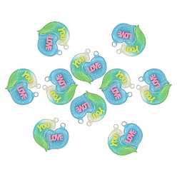 Yellow Green 10 Sets Gradient Color Opaque Resin Pendants, with Glitter Powder, Couple Heart Charm with Word LOVE YOU, Yellow Green, 39x38.5x5.5mm, Hole: 3.5mm, 2pcs/set