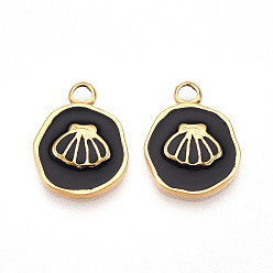 Черный 304 подвески из нержавеющей стали, с эмалью, плоский круглый с подвесками из ракушек, ионное покрытие (ip), реальный 18 k позолоченный, чёрные, 16.5x12.5x2 мм, отверстие : 2.5 мм