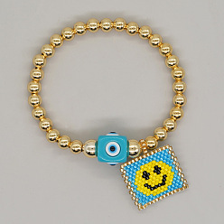 Бирюза Браслеты с подвесками из стеклянных бусин в богемном стиле, латунные круглые бусины эластичные браслеты для женщин, прямоугольник со смайликом, с бусиной от сглаза в технике лэмпворк, бирюзовые