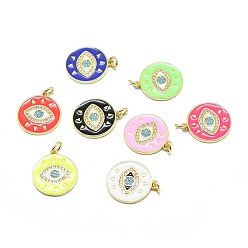 (52) Непрозрачная лаванда Латунные микропаве прозрачные подвески с фианитом, реальный 18 k позолоченный, долговечный, с эмалью и кольцами для прыжков, плоские круглые с глаз, разноцветные, 19x17x1 мм, отверстие: 3 мм, переходные кольца: 5x0.7 мм.