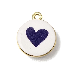 Blanco Colgantes de latón impresos, redondo con dijes de corazón, dorado, blanco, 17x15x3.5 mm, agujero: 1.7 mm