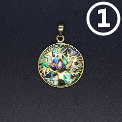 Tree Natural Abalone Shell/Paua Shell Pendants, Flat Round Charms, Tree, 31x27mm
