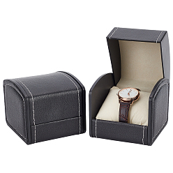 Black PU Leather Watch Boxes, with Pillow, Sauqre, Black, 10x9x8cm