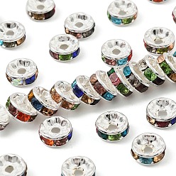 Разноцветный Латунь марки А горный хрусталь Spacer бисер, прямой фланец, рондель, серебряные, красочный, 8x3.8 мм, отверстие : 1.5 мм