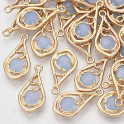 Sky Blue Faceted Glass Pendants, with Eco-Friendly Alloy Open Back Settings, Nickel Free, Teardrop, Light Gold, Sky Blue, 21x11x3.5mm, Hole: 1.6mm