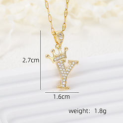 Letter Y Латунные микропаве прозрачные кубические цирконии корона инициал кулон ожерелья, реальный 18 k позолоченный, Письмо Y, 15.75 дюйм (40 см)