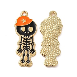Dark Orange Alloy Enamel Pendants, Skeleton with Hat Charm, Golden, Dark Orange, 32.5x13x1.5mm, Hole: 1.6mm