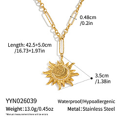 Real 18K Gold Plated 304 Stainless Steel Crystal Rhinestone Sun Moon Pendant Necklaces for Women, Real 18K Gold Plated, 16.73 inch(42.5cm)