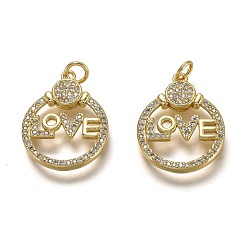 Настоящее золото 18K Латунные микропаве прозрачные подвески с фианитом, с целью перехода в кольце, долговечный, плоские круглые со словом "love", реальный 18 k позолоченный, 22x17.5x2.5 мм, Перейти кольцо: 5x1 мм, отверстие : 3.5 мм