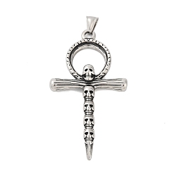 Античное Серебро 316 большие подвески из хирургической нержавеющей стали, Крест Анк с подвеской в виде черепа, античное серебро, 76.5x42x7 мм, отверстие : 4x7 мм