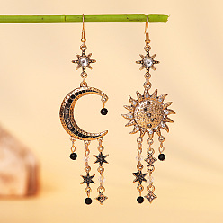Античное Золото Луна со звездой в стиле бохо из сплава со стразами висячие серьги, слева и справа, античное золото , 100x28 мм