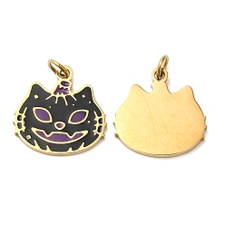 Черный Хэллоуин ионное покрытие (IP) 304 подвески из нержавеющей стали, с эмалью и кольцом для прыжков, золотые, кошачье очарование, чёрные, 14x14x1 мм, отверстие : 2.6 мм