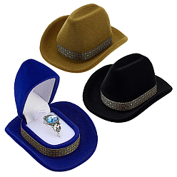 Color mezclado 3pcs 3 cajas para anillos con forma de sombrero de vaquero de terciopelo de colores con interior de plástico, estuches para anillos, color mezclado, 57.5x68.5x36.5 mm, diámetro interior: 26.5x34 mm, 1 pc / color