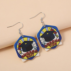 Colorful Back to School Printed Acrylic Dangle Earrings, Word GRADUATION with Graduation Cap, Platinum, Colorful, 57.4mm