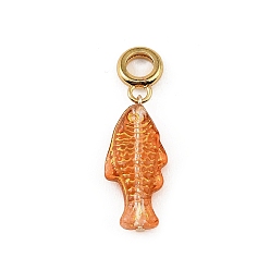 Naranja Colgantes europeos de resina de latón y esmalte, Grandes colgantes agujero, pescado, chapado en rack, larga duración plateado, sin plomo y cadmio, real 18 k chapado en oro, naranja, 38 mm, agujero: 5.5 mm