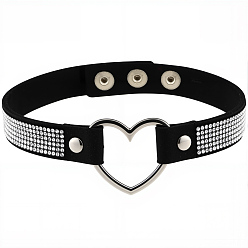 Platine Colliers ras du cou en simili cuir noir ornés de strass et de cristaux, style punk, avec le coeur en alliage, platine, 15.35 pouce (39 cm)