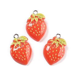 Клубника Непрозрачные подвески смолы, имитация овощей и фруктов, с платиновым тоном железная петля, клубника, 24x15x6 мм, отверстие : 2 мм