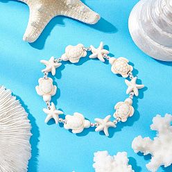 (404) Непрозрачное AB Кислое яблоко Браслеты из синтетического бирюзового бисера для мужчин и женщин, черепаха и морская звезда, с Гальваническим немагнитных синтетическими гематита бисера, цветочный белый, внутренний диаметр: 2-1/8 дюйм (5.5 см)