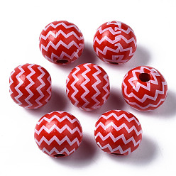 Red Painted Natural Wood European Beads, Large Hole Beads, Printed, Round with Wave, Red, 16x15mm, Hole: 4mm