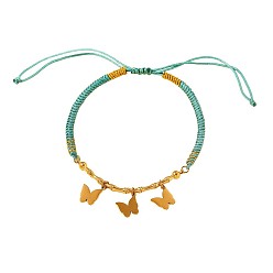 Schmetterling Boho 304 Verstellbare Armbänder mit Edelstahlanhänger und geflochtener Baumwollkordel, golden, Türkis, Schmetterling, 9.84 Zoll (25 cm)