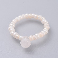 Rose Quartz Natural Rose Quartz Stretch Finger Rings, with Glass Seed Beads, Teardrop, Size 8, 18mm