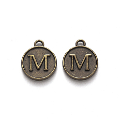 Letter M Alloy Pendant Cabochon Settings, For Enamel, Cadmium Free & Lead Free, Flat Round with Letter, Antique Bronze, Letter.M, 14x12x2mm, Hole: 1.5mm