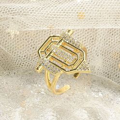 Настоящее золото 18K Латунные микропаве прозрачные кубические цирконии открытые манжеты кольца для женщин и мужчин, без кадмия и без свинца, щит, реальный 18 k позолоченный, 2.5 мм, внутренний диаметр: регулируемый