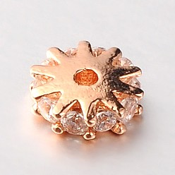 Розовое Золото Латунные микро проложить кубических циркония шарики прокладки, плоско-круглые, без кадмия и без свинца, прозрачные, розовое золото , 6x2 мм, отверстие : 1 мм