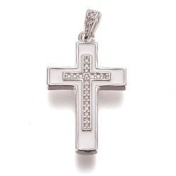 Platinum Brass Micro Pave Clear Cubic Zirconia Pendants, with Enamel, Cross, White, Platinum, 28x16.5x4.5mm, Hole: 5.5x2.5mm