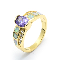 Golden Zirkonia Fingerringe, mit synthetischen Opal- und Messingbefunden, langlebig überzogen, ellipsenförmige, Größe 7, mauve, golden, 17.5 mm