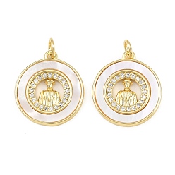 Flat Round Brass Micro Pave Clear Cubic Zirconia Pendants, with Shell, Real 16K Gold Plated, Flat Round with Human Charms, 19x17x2mm, Hole: 3mm
