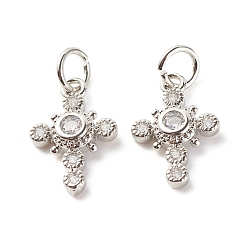 Платина Латунные микропаве прозрачные подвески с фианитом, без кадмия и без свинца, крестик, платина, 18x9.5x2.5 мм, отверстие : 3.5 мм