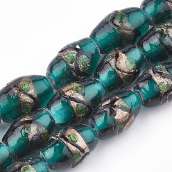 Dark Cyan Handmade Gold Sand Lampwork Beads, Drum, Dark Cyan, 15~18x10~12mm, Hole: 1.5~2mm