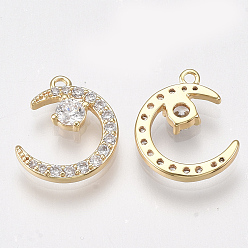 Clear Brass Micro Pave Cubic Zirconia Charms, Nickel Free, Real 18K Gold Plated, Moon, Clear, 12.5x10.5x2mm, Hole: 1mm