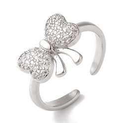 Платина Открытые манжеты из латуни с бантом и микро-паве с прозрачным цирконием для женщин, платина, бант : 12x14 мм, регулируемый