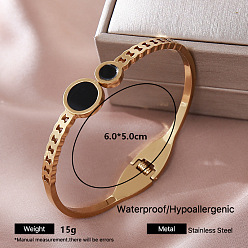 Flat Round 304 Stainless Steel Black Enamel Hinged Cuff Bangles for Women, Golden, Flat Round, Inner Diameter: 2.36 inch(6cm)