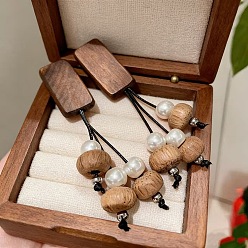 Camel Wood & Imitation Pearl Stud Earrings, Rectangle, Tassel Earrings for Women, Camel, 103mm